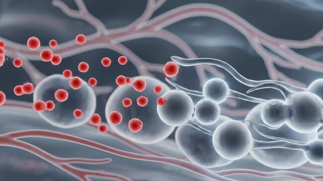 Microscopic Abstract View Of Cellular Interaction Showing Particles And Vascular Structures In Motion And Flow In 4K Resolution