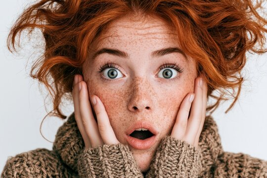 surprised woman posing with hands on cheeks