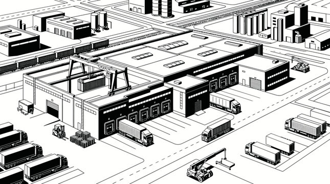 Detailed isometric illustration of a large industrial complex with factory, loading docks, trucks, forklifts, and a train, depicting logistics and supply chain operations.