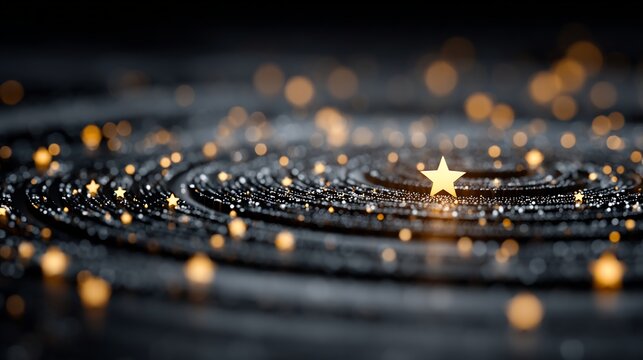 Golden Star Shining on Water Ripples with Bokeh Lights