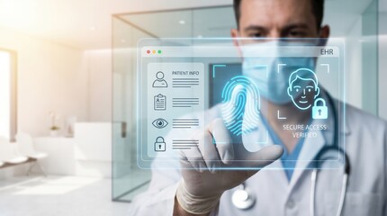 Fototapeta premium Secure Healthcare Data Access Concept: Doctor Verifying Electronic Health Records via Biometric Virtual Screen