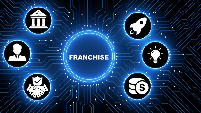 A glowing neon franchise concept surrounded by smaller icons for ai and manufacturing process management all connected in a digital circuit like pattern, manufacturing planning
