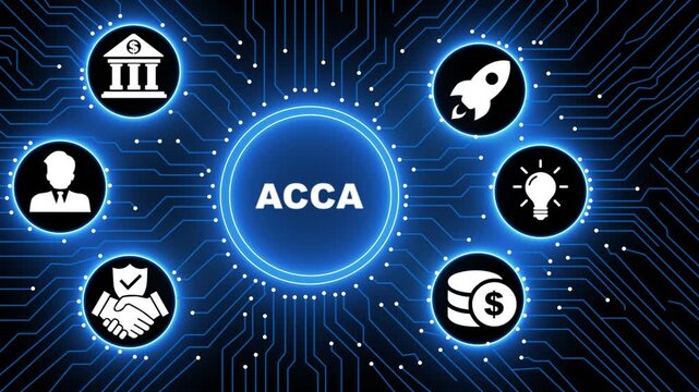 A glowing neon ACCA concept surrounded by smaller icons for ai and manufacturing process management all connected in a digital circuit like pattern, manufacturing planning,4k