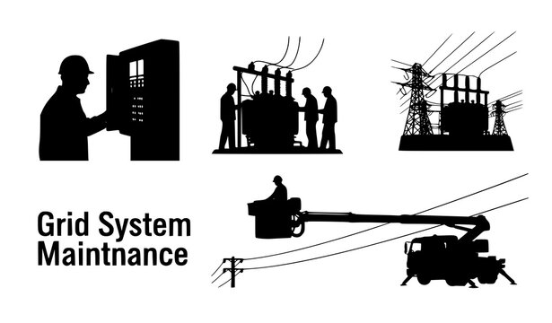 Energy infrastructure silhouette vector set electrical linemen and power grid workers
