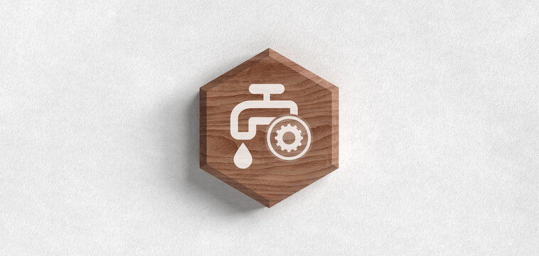 Wooden hexagon icon featuring a faucet and gear symbol representing water utility management maintenance plumbing service repairs technical support and configuration settings