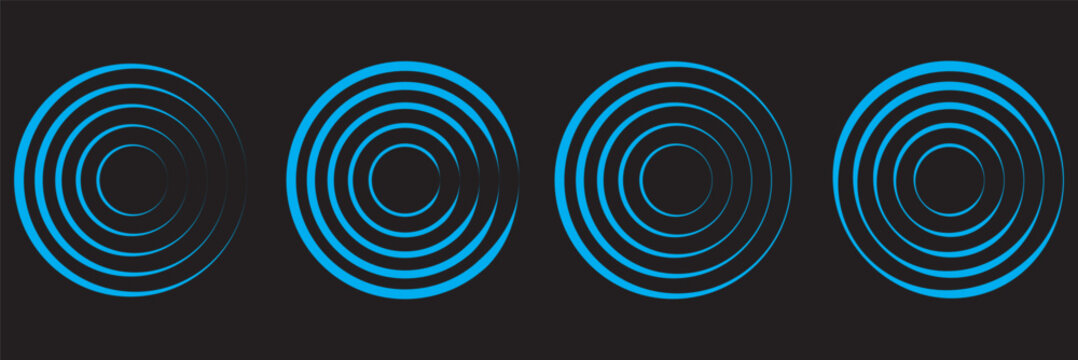 Red concentric ripple circles set. Sonar or sound wave rings collection. Epicentre, target, radar icon concept. Radial signal or vibration elements. Halftone vector illustration 