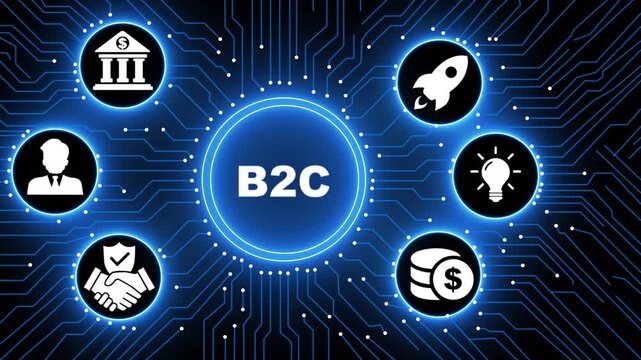 Futuristic Motion Graphics of B2C E-commerce Concept on Digital Circuit Board Background, Global Networking Corporate Success, High Tech Innovation Animation for Retail Industry.