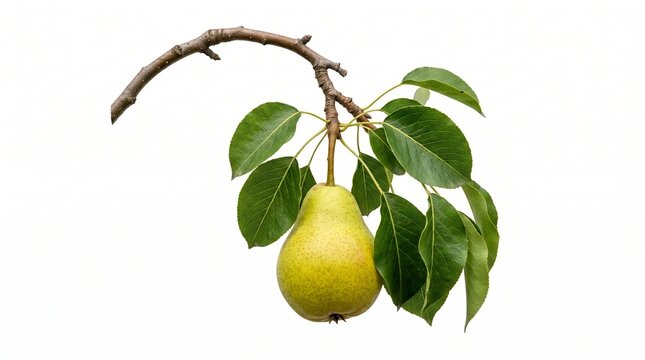 Ripe pear hanging from a branch with green leaves isolated on white background studio shot
