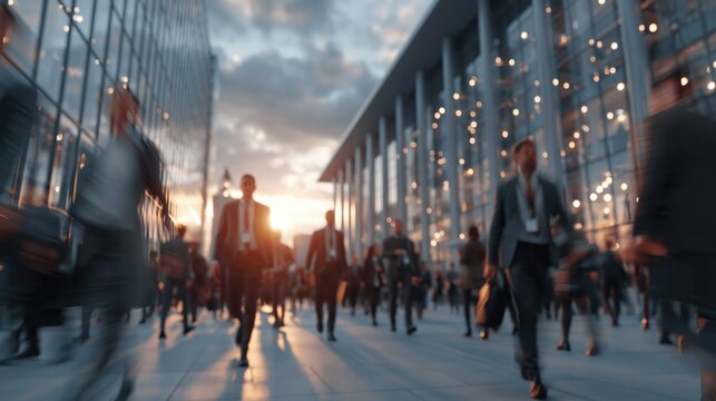 Blurred motion of diverse business people commuting in a modern city at sunset, symbolizing urban hustle