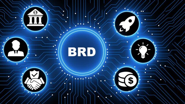 Futuristic Motion Graphics of BRD Business Requirements Document Concept on Digital Circuit Board Background, Global Networking Corporate Success, High Tech Innovation Animation for Project.