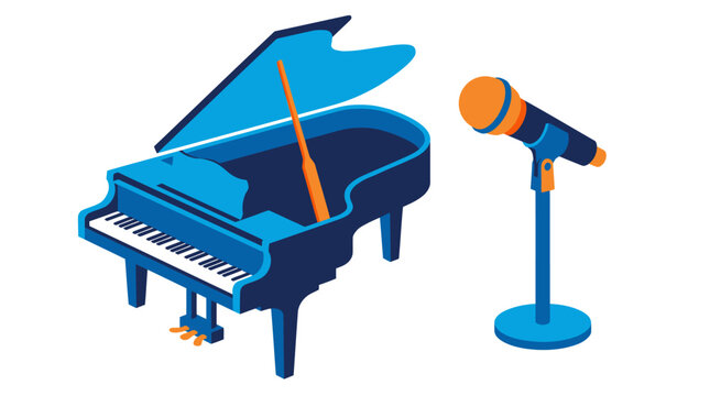 Blue Grand Piano and Microphone Isolated on White.