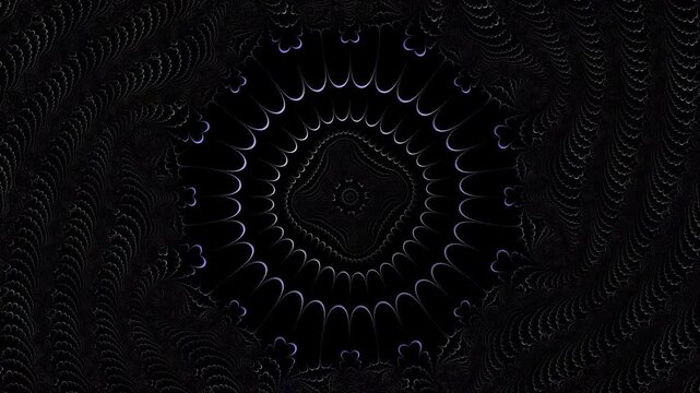 The intricate dark fractal pattern features a seamless spiraling motion with soft neon glow effects and symmetrical geometric shapes that expand from a central point in a deep black space.