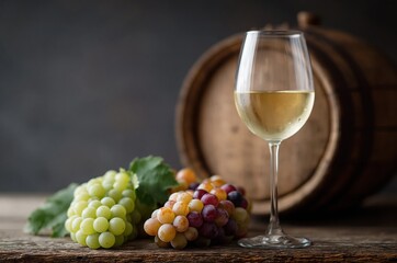 Obraz premium Elegant Glass of Crisp White Wine Paired with Fresh Grapes and Oak Barrel on Rustic Wooden Surface