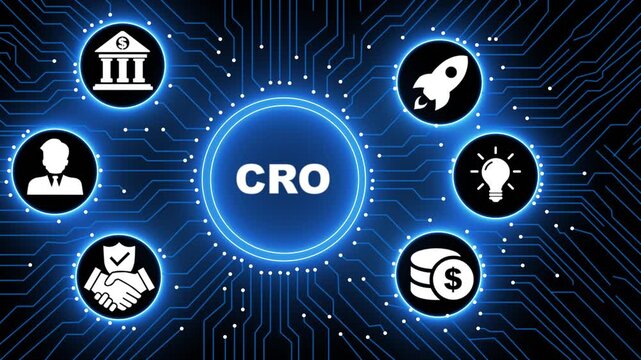 Futuristic Motion Graphics of CRO Marketing Concept on Digital Circuit Board Background, Global Networking Corporate Success, High Tech Innovation Animation for Digital Sales.