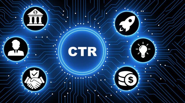 Futuristic Motion Graphics of CTR Digital Marketing Concept on Digital Circuit Board Background, Global Networking Corporate Success, High Tech Innovation Animation for Advertising.