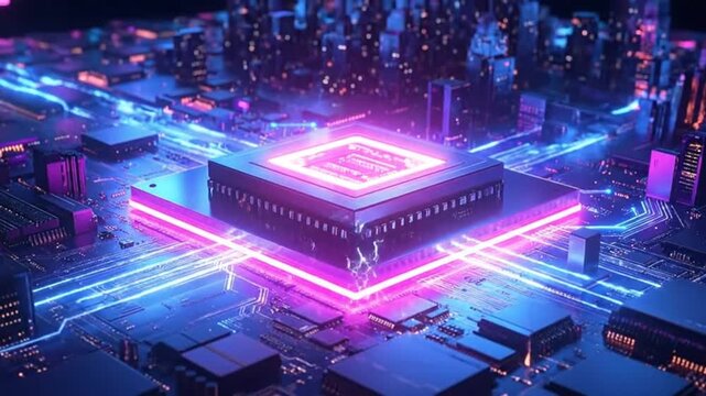 Futuristic computer processor with glowing neon lights and digital circuits