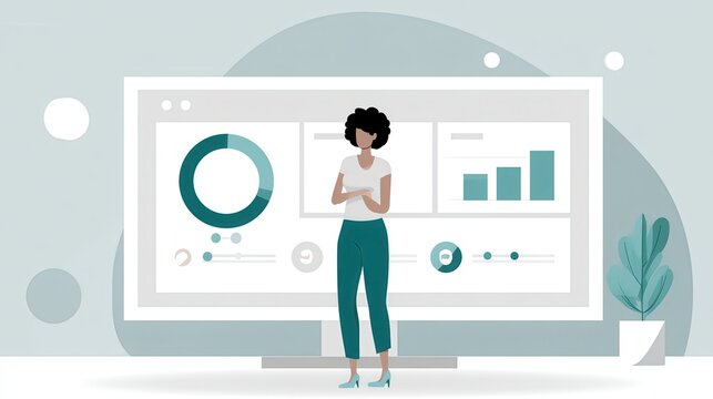 Woman standing confidently in front of a large screen displaying charts and graphs, symbolizing data analysis and business intelligence.