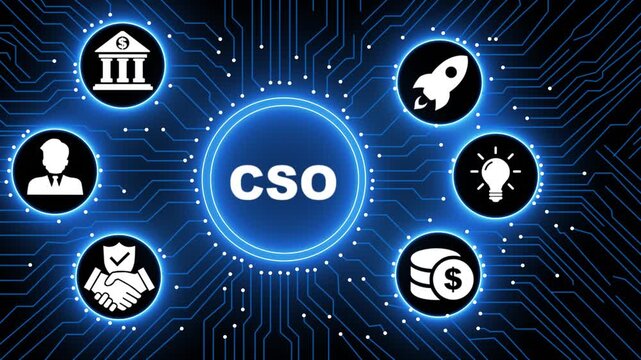 Futuristic Motion Graphics of CSO Security Concept on Digital Circuit Board Background, Global Networking Corporate Success, High Tech Innovation Animation for Cybersecurity.
