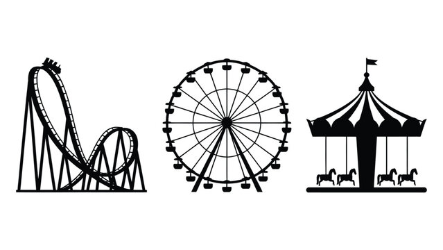 Black and white illustration of amusement park rides including roller coaster carousel Ferris wheel