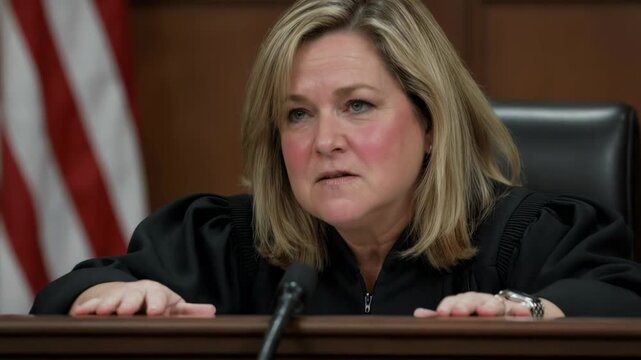 Serious female judge sitting at the bench in a courtroom, professional legal authority presiding over a trial, justice system proceedings capturing a moment of intense judicial concentration.