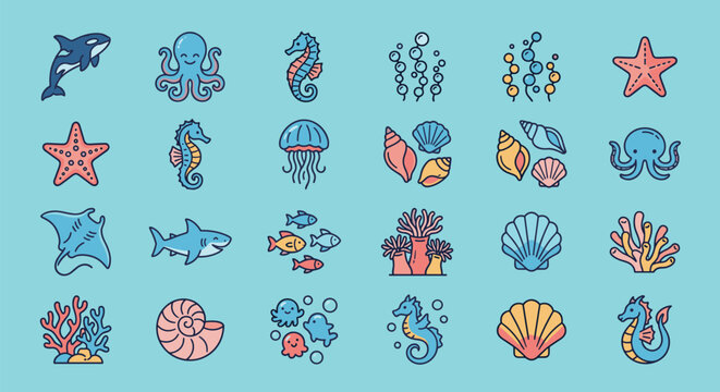 Marine life and underwater animal icon set with whale octopus seahorse jellyfish starfish shark stingray coral seashell and tropical fish