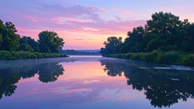 Beautiful sunrise over a calm river with trees and colorful sky reflection
