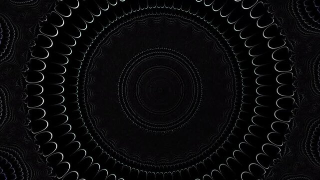 The intricate dark fractal pattern features a seamless spiraling motion with soft neon glow effects and symmetrical geometric shapes that expand from a central point in a deep black space.