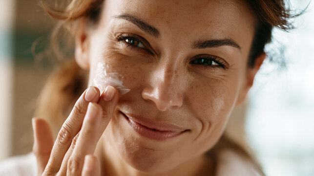 closeup woman applying moisturizer on facial skin, female fingertips smoothing cream onto healthy face, natural skincare routine with moisturizing facial cream