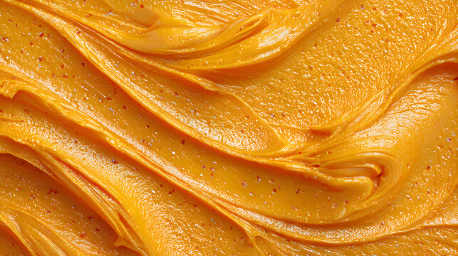 Full-frame macro texture of an orange slice. Detailed close-up showing the vibrant orange juice sacs, delicate membranes, and glistening, wet citrus pulp patterns
