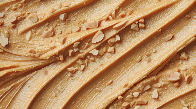 Macro background texture of smooth, golden-brown peanut butter or paste spread out evenly. A clean, rich culinary backdrop highlighting a creamy food surface and natural texture