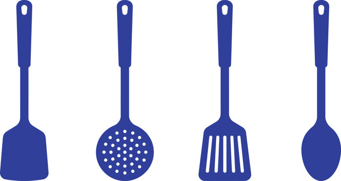 Kitchen utensil set with spatula and skimmer silhouette icons.