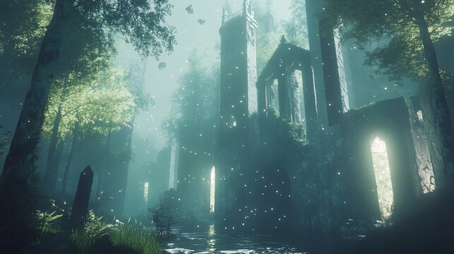 Mystical forest ruins, ethereal light, stream, game background
