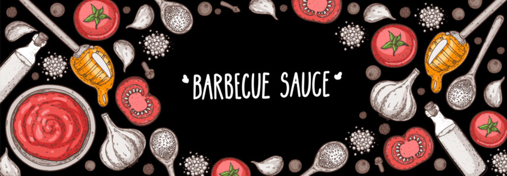 Hand drawn barbecue sauce colorful frame vector. Detailed border for barbecue sauce packaging, condiment labels, food branding, menus, stickers and culinary design. Vector drawing illustration.