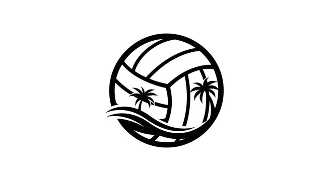 Volleyball Beach Logo Icon Palm Trees Waves Tropical Sport Emblem