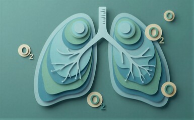 Fototapeta premium Paper-cut lungs surrounded by O2 molecules illustrating respiratory