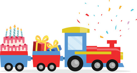 Cartoon locomotive delivering presents and cake for kids party.  Festive toy train illustration with candles and gift wraps. © panlop