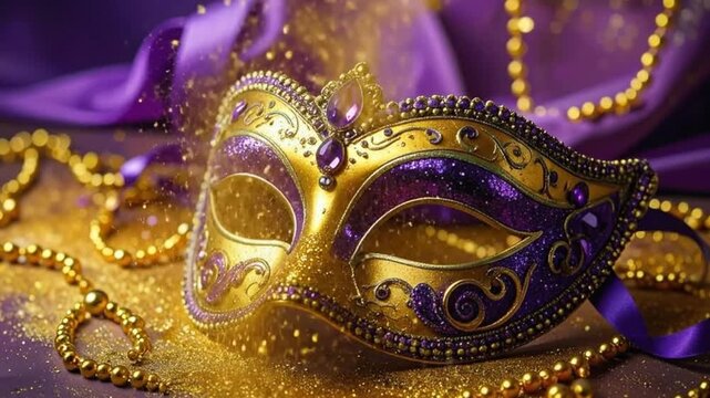 A decorative golden mask with purple accents and sparkling details is displayed
