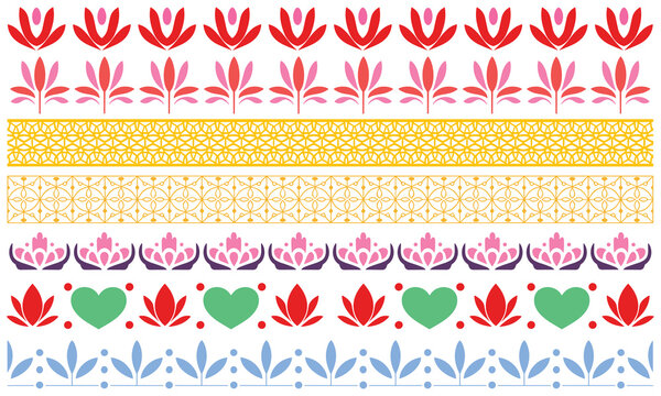 Vibrant collection of colorful folk art borders featuring elegant floral motifs and geometric patterns on a clean white backdrop.