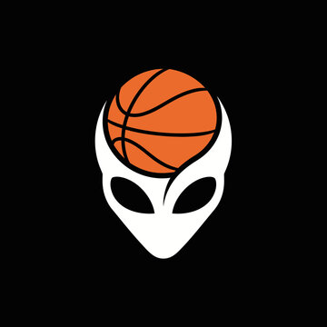 An alien head with large black eyes, white skin, above a basketball integrated into its forehead