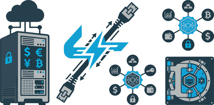 Network infrastructure and data center security icons with server cloud ethernet cable and storage vault.