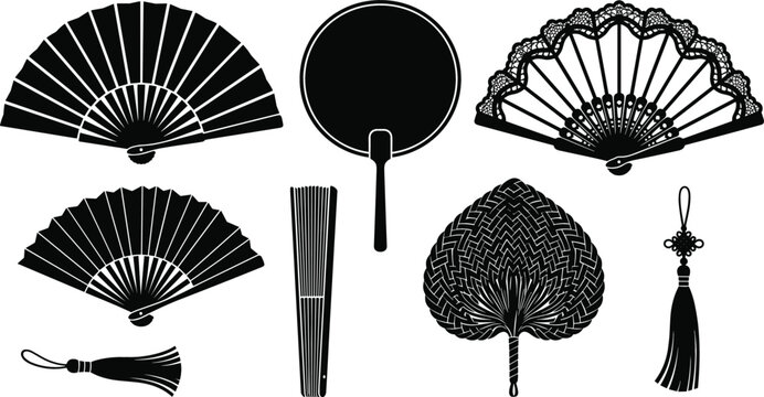 Traditional Asian and Spanish Hand Fan Silhouette Vector Set with Folding Paper Fans Lace Designs and Decorative Tassels