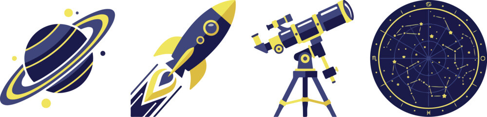 Set of space items including planet rocket telescope and constellation map flat design isolated vectors. © Vectorar M A