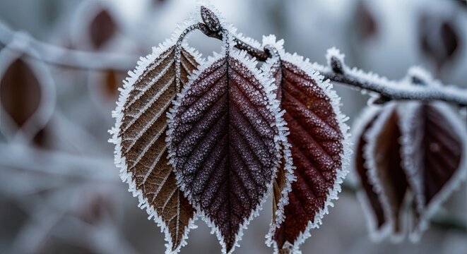 Frozen leaves on a tree branch.