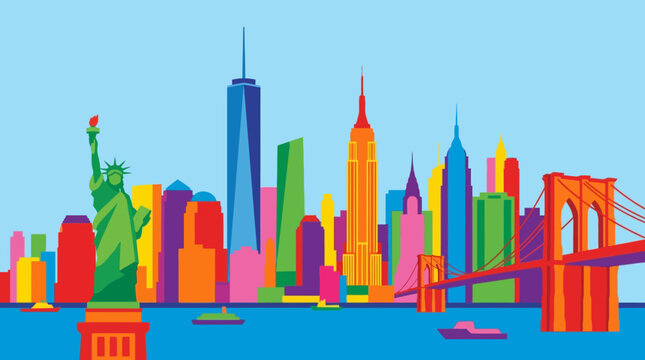 Vibrant illustration of New York City skyline.