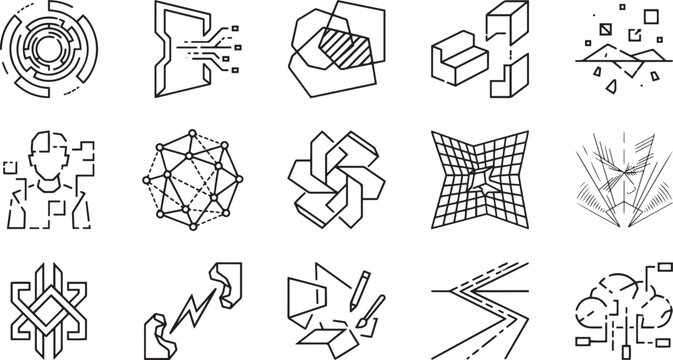 Abstract Technology and Artificial Intelligence Icon Set Minimalist Linear Future Science and Data Network Symbols