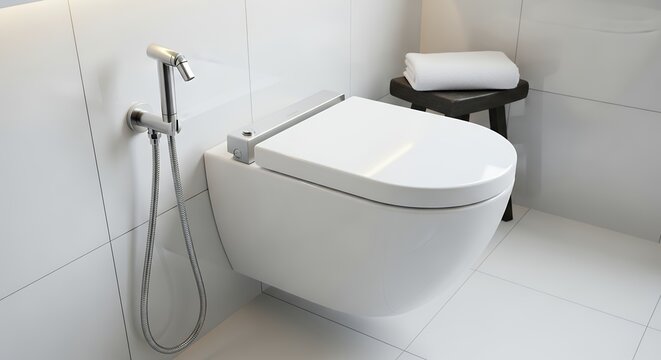 Minimalist white toilet with bidet attachment in luxury bathroom setting
