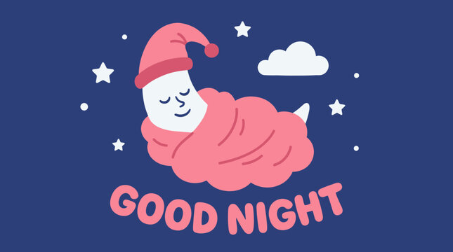 A sleeping cartoon character with good night text.