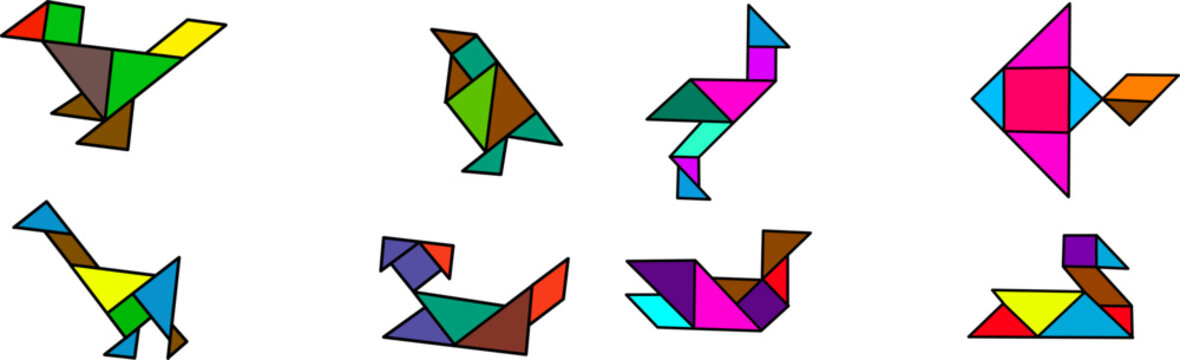 Colorful tangram animal shapes collection with geometric puzzle pieces isolated on white background. Creative educational vector illustration set.