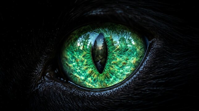 Close-up of a vibrant green cat eye with detailed iris and slit pupil.