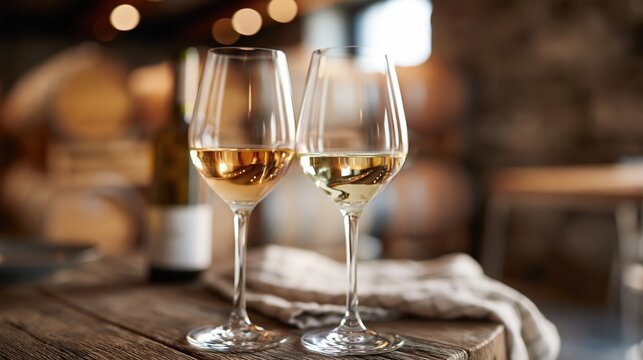 Two elegant wine glasses filled with golden white wine, displayed on a rustic wooden table in a winery setting.